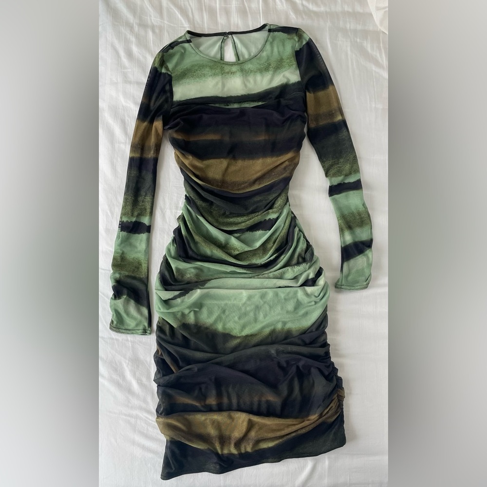 Anthropologie Black and Green Long Sleeve Mesh Bodycon Dress